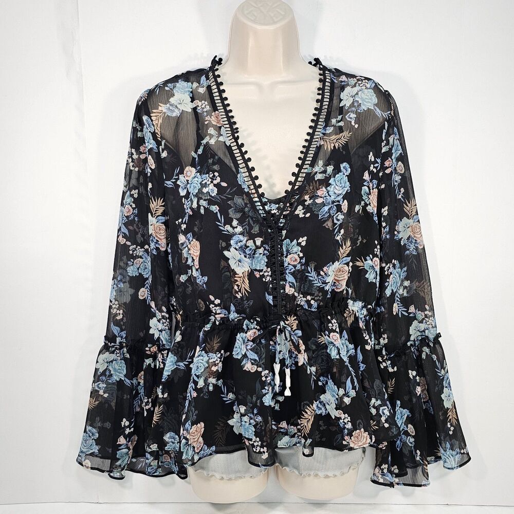 WHBM Black Floral Sheer Peplum Blouse & Camisole Size M Romantic Bell Sleeve - Picture 2 of 9